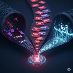 Abstract visual of multiple cyber attack vectors (VPN, phishing, IoT) converging on a central network hub, illustrating diverse initial access methods used by ransomware like Akira.