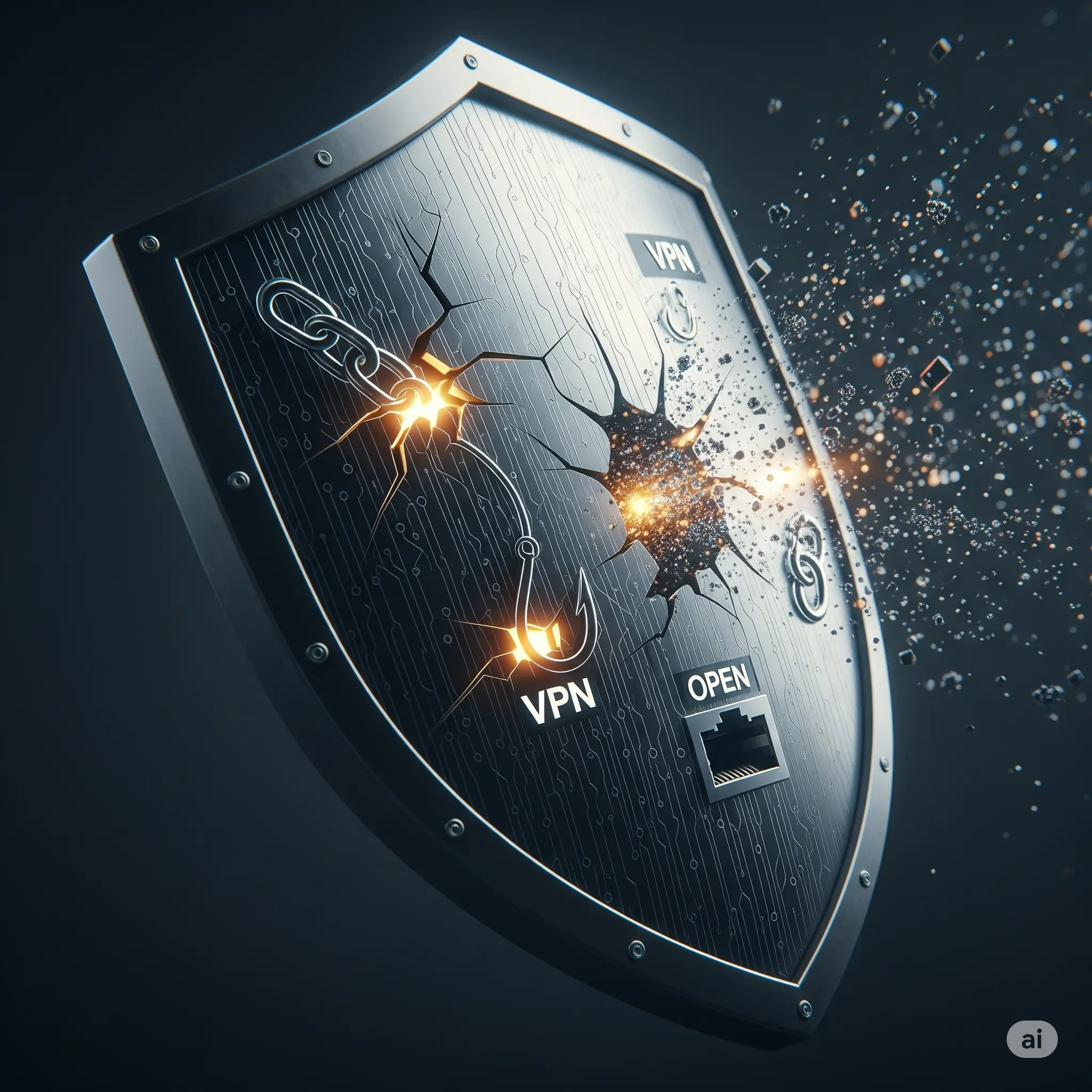 Digital shield with cracks representing cybersecurity vulnerabilities like broken VPN links, phishing hooks, and open network ports, symbolizing initial access vectors for ransomware like Akira.