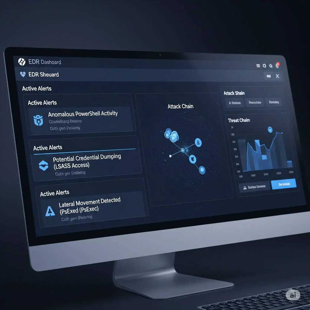 ai generated | EDR dashboard interface showing alerts for Akira ransomware activity, including PowerShell anomalies, credential dumping, and lateral movement.